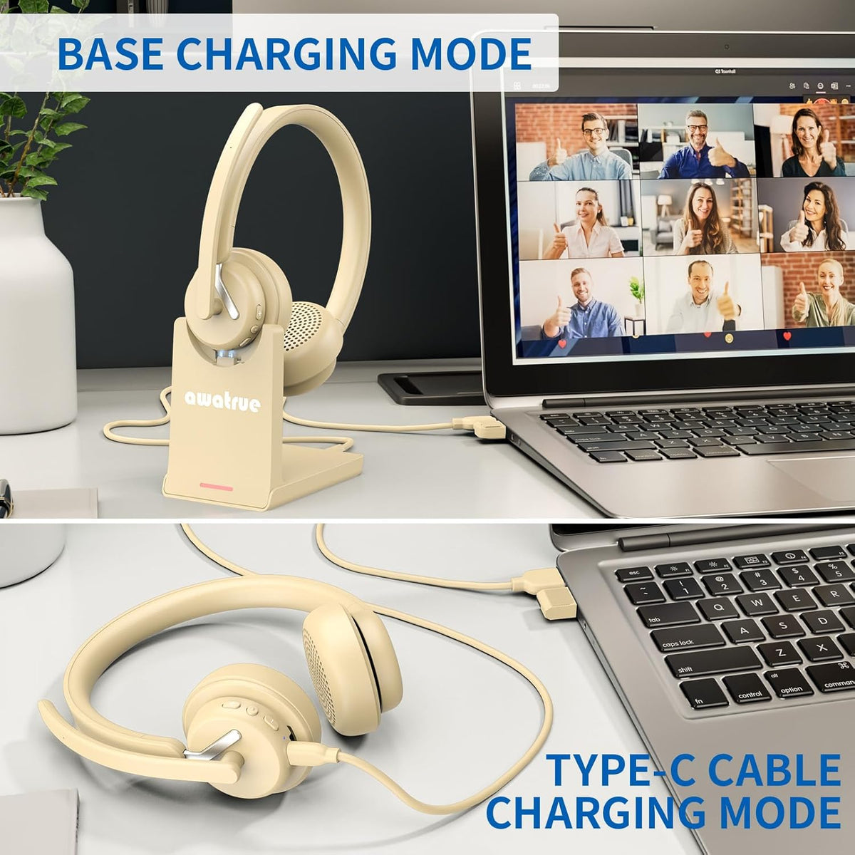 Wireless Headset with Mic, 2.4GHz Bluetooth Headset with AI Noise Cancelling Microphone & Charging Base, Wireless Headphones with USB Dongle for PC (Apricot, L)