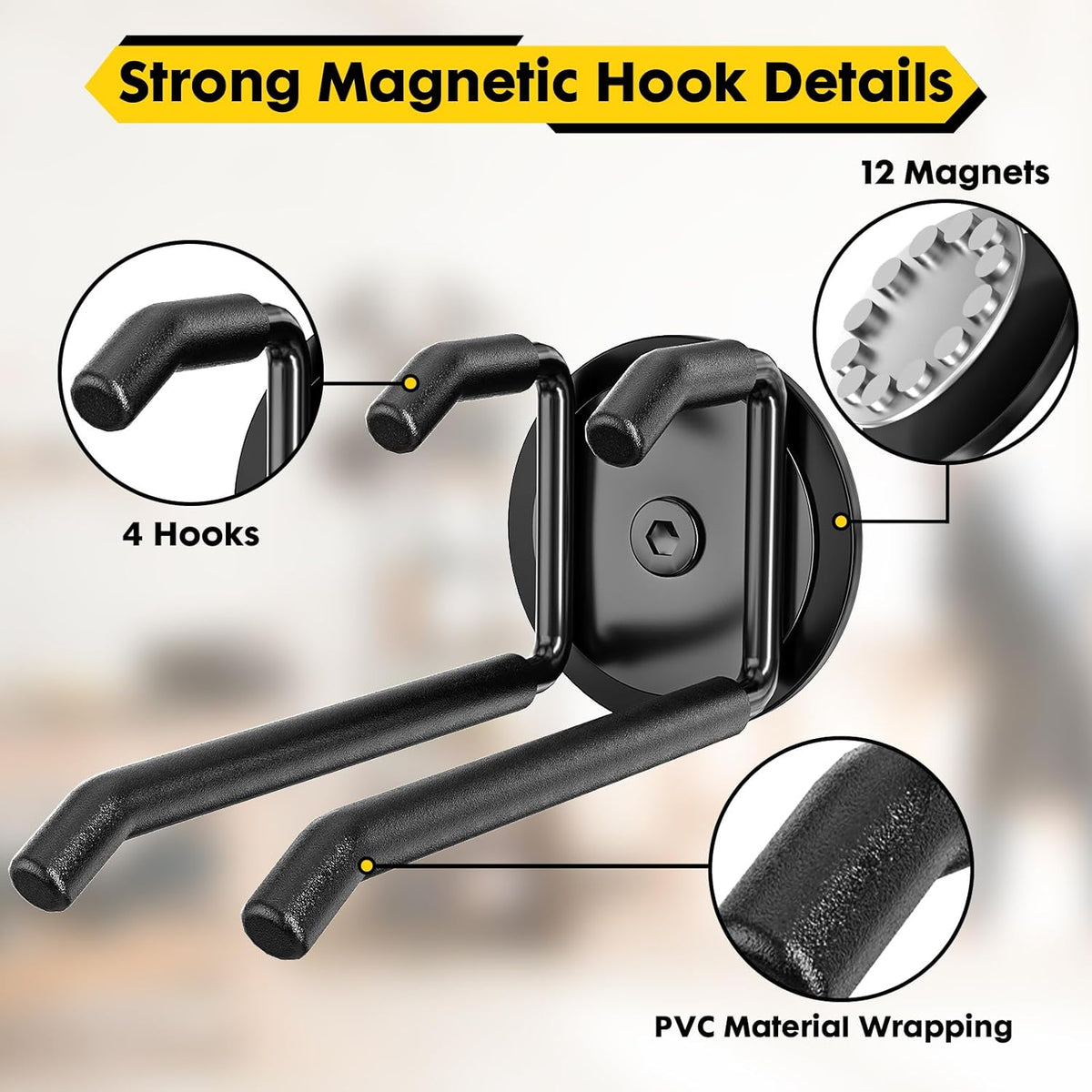Strong Magnetic Hooks Heavy Duty - 2 Pack Rare Earth Magnets for Garage Utility Storage 20lb Hold | Hang Ladder, Power Tools, Toolbox, Shovel, Broom, Extension Cord(E-Blackpro 2)