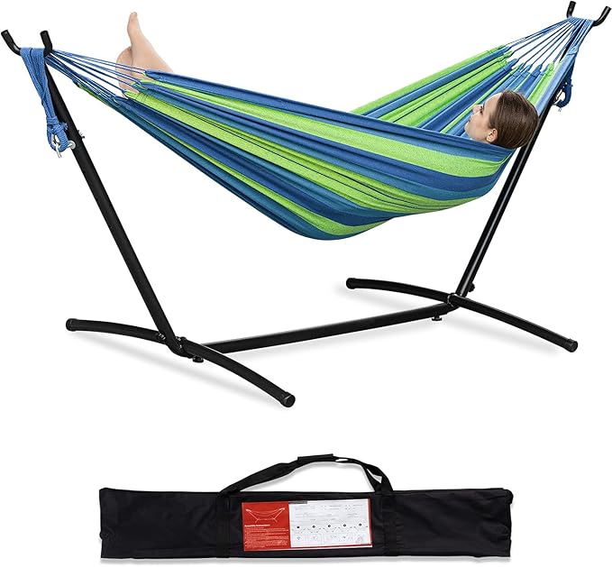 PNAEUT Double Hammocks with Stand for Outside, Portable Space Saving Heavy-Duty Steel Stand for Indoor Outdoor Patio with Carrying Bag, 450 lbs Capacity (Blue)