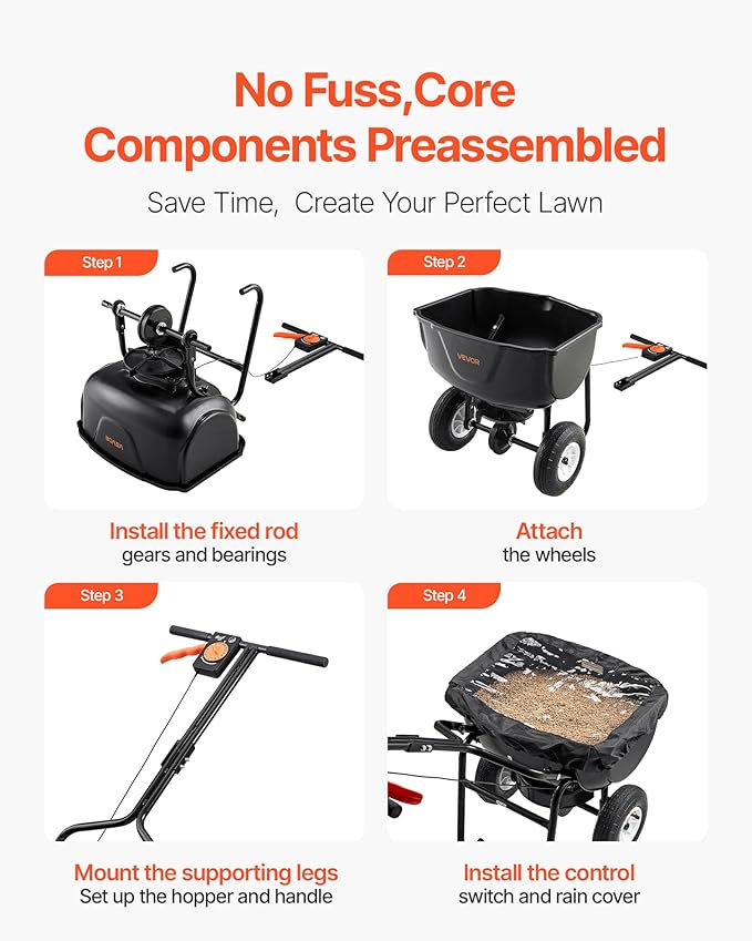 VEVOR Broadcast Spreader, 60LBS Capacity, Walk-Behind Push Spreader, 0-9.8 ft Spreading Width, 10 in All Terrain Pneumatic Tires, Lawn Spreaders with Hopper Grate, for Seed, Fertilizer, Salt, Ice Melt