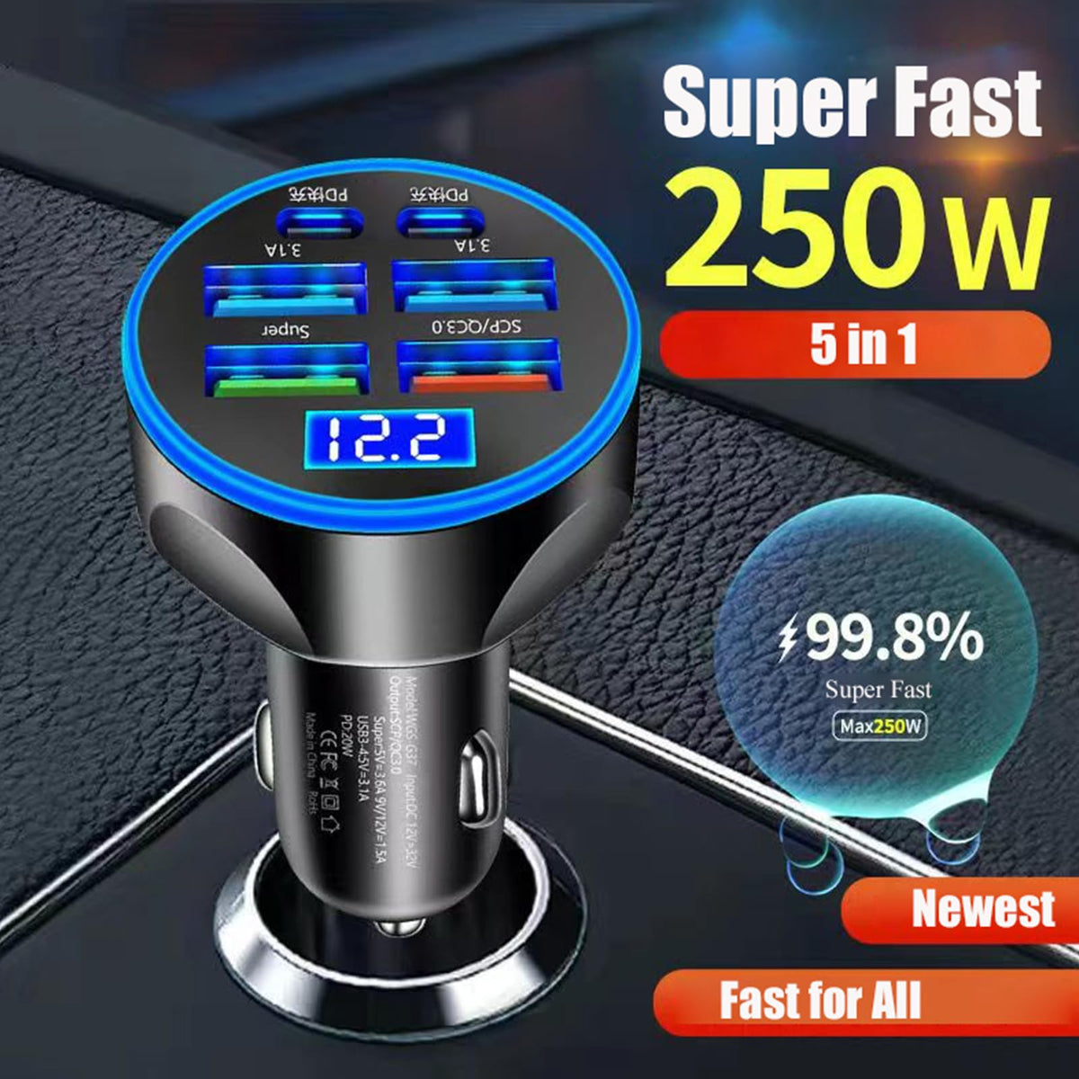 Super Fast Charge USB C Car Phone Charger Adapter 6 in 1 with Voltage Display 250W Multi Port Cigarette Lighter USB Charge for iPhone 18 17 16 15 14 13 12 11 Samsung Galaxy Huawei Oneplus Oppo Vivo