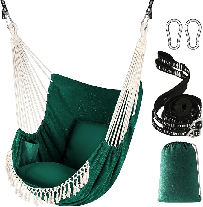 Chihee Hammock Chair Hanging Swing 2 Pillows Included,Strong Webbing Straps and Hooks for Easy Hanging Soft Cotton Hanging Chair Side Pocket Tassel Chair Comfort Indoor Outdoor