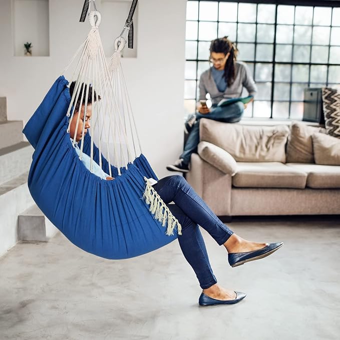 Chihee Hammock Chair Hanging Swing 2 Pillows Included,Strong Webbing Straps and Hooks for Easy Hanging Soft Cotton Hanging Chair Side Pocket Tassel Chair Comfort Indoor Outdoor Royal Blue