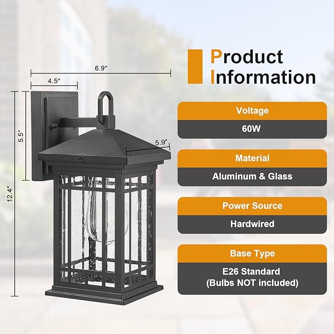 Outdoor Porch Lights Wall Mount, 2 Pack 12.4 Inch Outdoor Wall Lantern With E26 Sockets & Seeded Glass, Classic Exterior Lighting Fixtures, Waterproof Black Porch Light Fixtures For House, Garage