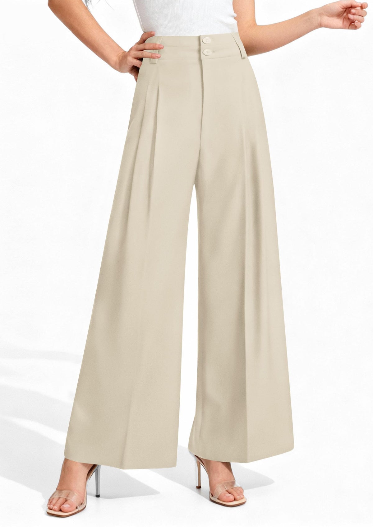 PRETTYGARDEN Women's High Waisted Wide Leg Dress Pants,Beige,L