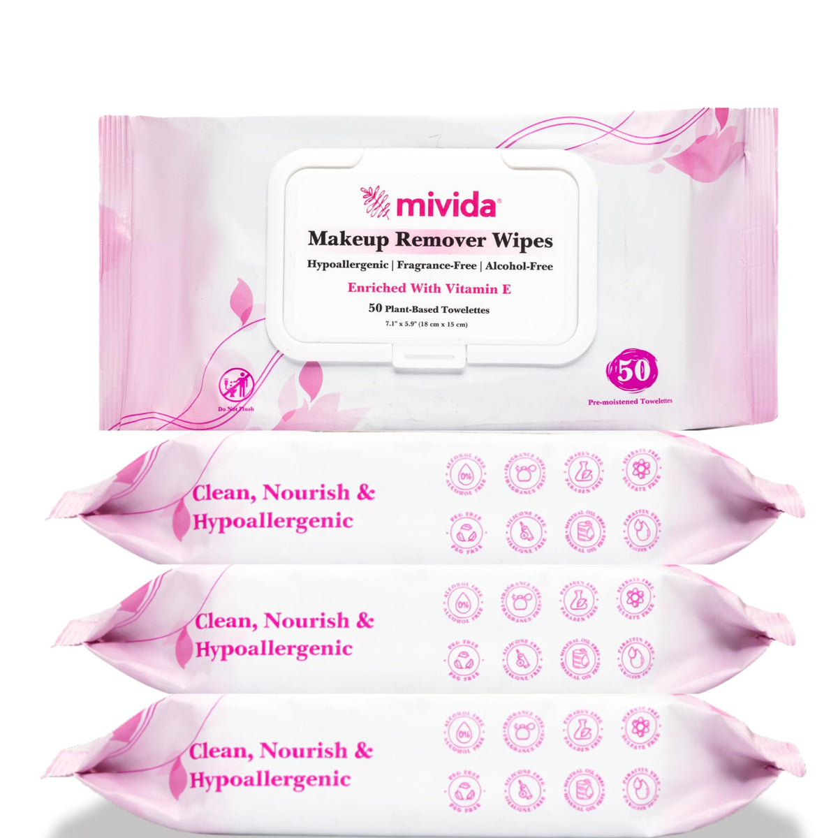 mivida Hypoallergenic Makeup Remover Wipes Bulk With Vitamin E, 200 count (4×50) Value Pack, Dermatologist Tested Fragrance Free Makeup Wipes For Sensitive Skin, Alcohol Free Facial Make up Remover