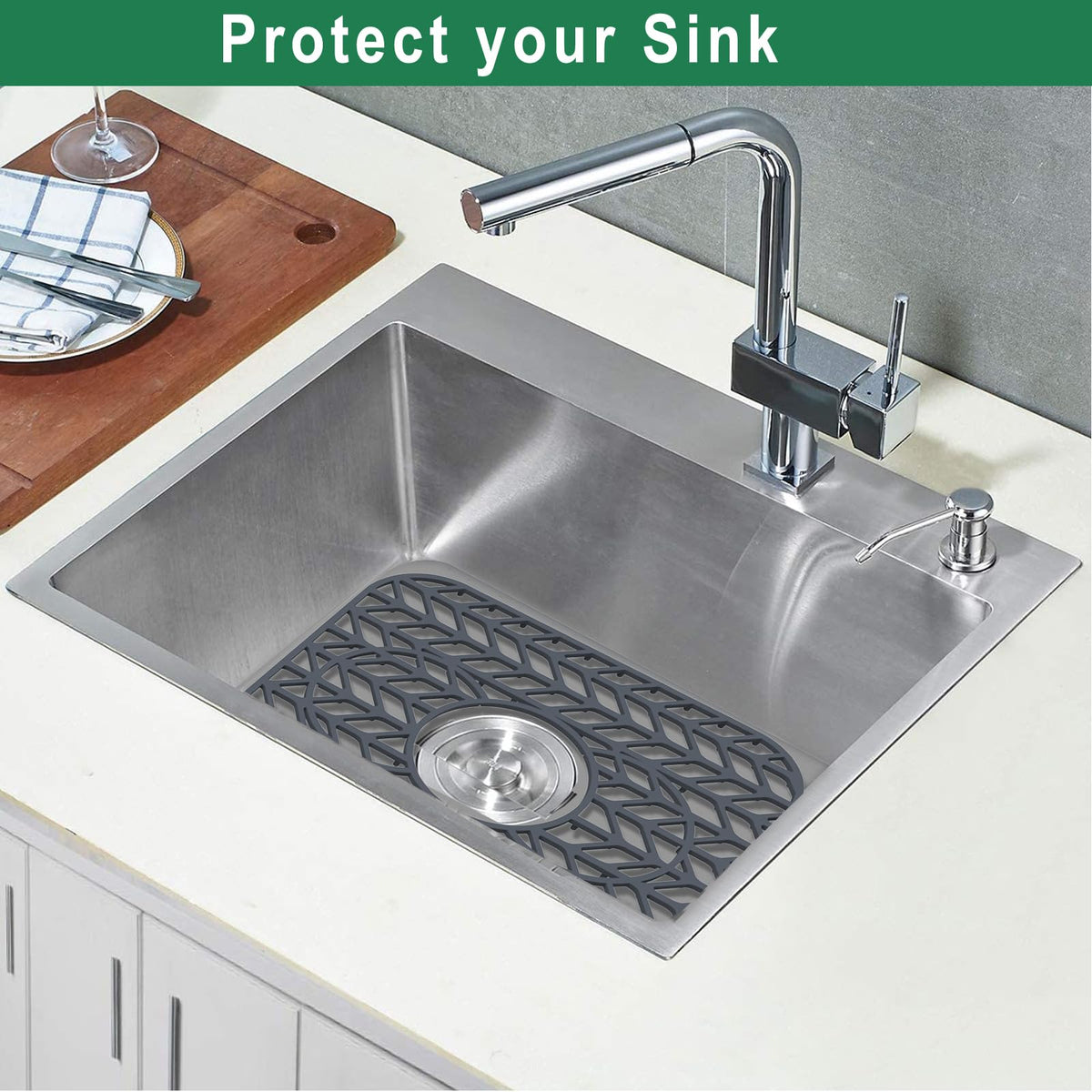 GUUKIN Sink Protectors for Kitchen sink, 13 5/8" x 11 5/8" Folding Non-slip Silicone Mat Grid for Bottom of Farmhouse Stainless Steel Porcelain Sink with 3 Reserved Holes