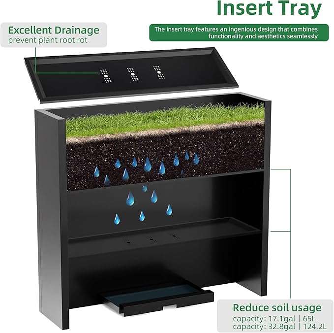 KOL Galvanized Steel Planter Box, with Insert Tray Drainage Holes, Rectangular Black Powder Coated Metal Planter, Outdoor Use, Heavy Duty Modern Flower Pot (Black, 36" H x 11" W x 32" L)