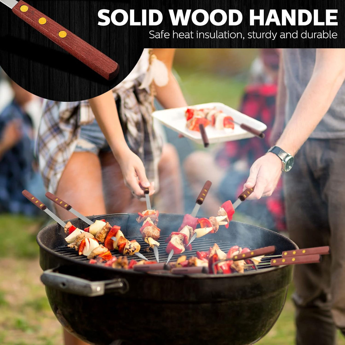 Cunhill 12 Pcs 17.7 Inch Kabob Skewers for Grilling 0.4 Inch Wide Flat Blade Thin Stainless Steel Kabob Sticks Long Barbecue Reusable Metal BBQ Skewers with Wood Handles for Tailgate Party Outdoor