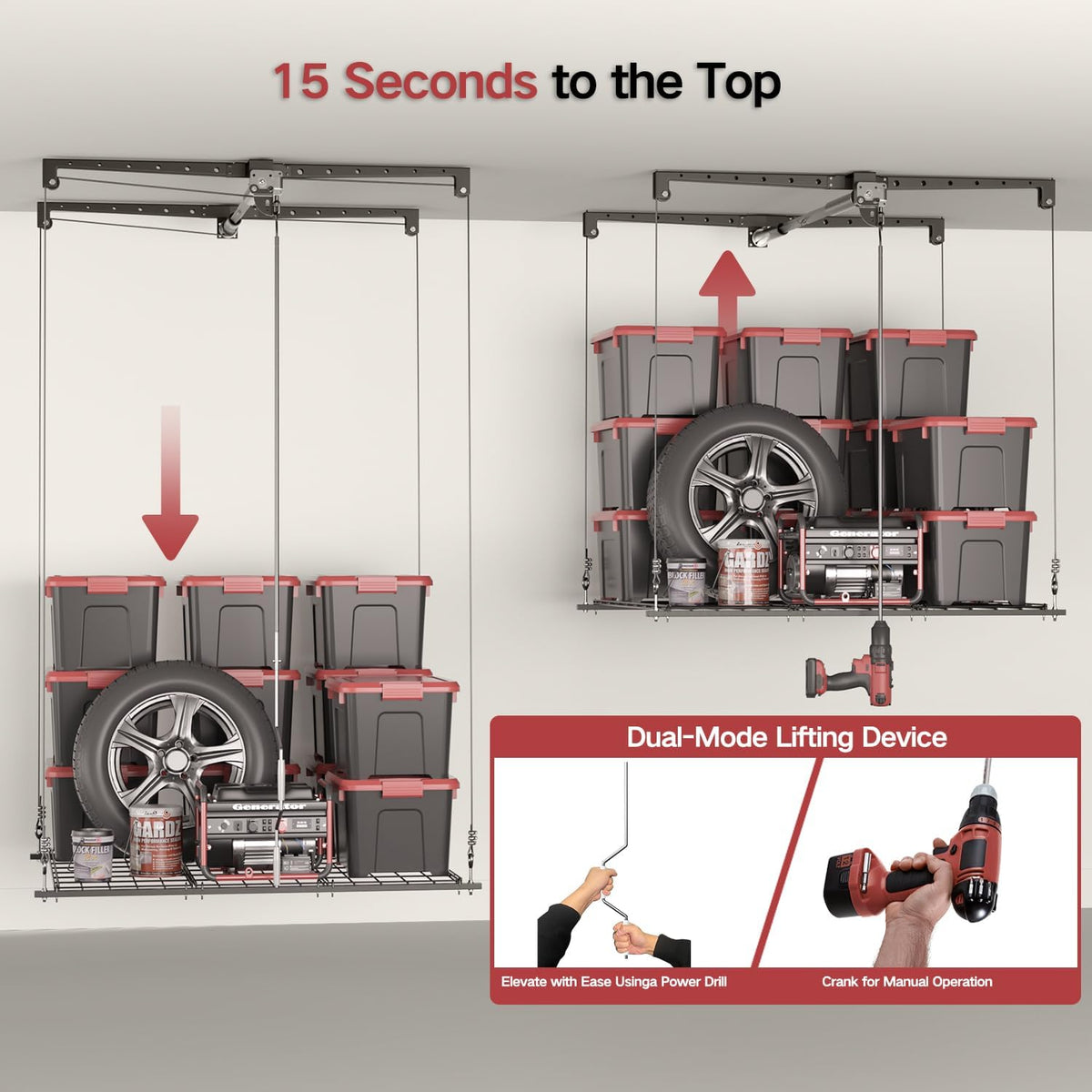 Overhead Garage Storage Lift, Adjustable Heavy-duty 4x4 Ft Ceiling Racks with Safety Lock, Ideal for Storage Lifting Organization System, 250lbs Capacity (Standard Edition)