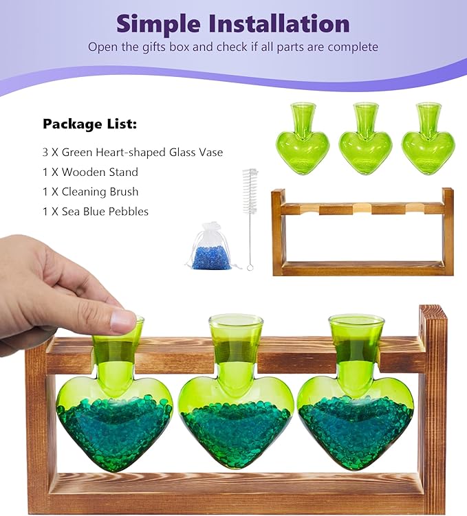 Nacome Plant Terrarium for Office Decor: Birthday Gifts for Plant Lovers Women Mom Wife - Wooden Stand Tabletop Planter 3 Bulb Glass Vase Heart Shaped for Hydroponics Indoor Home(Green)