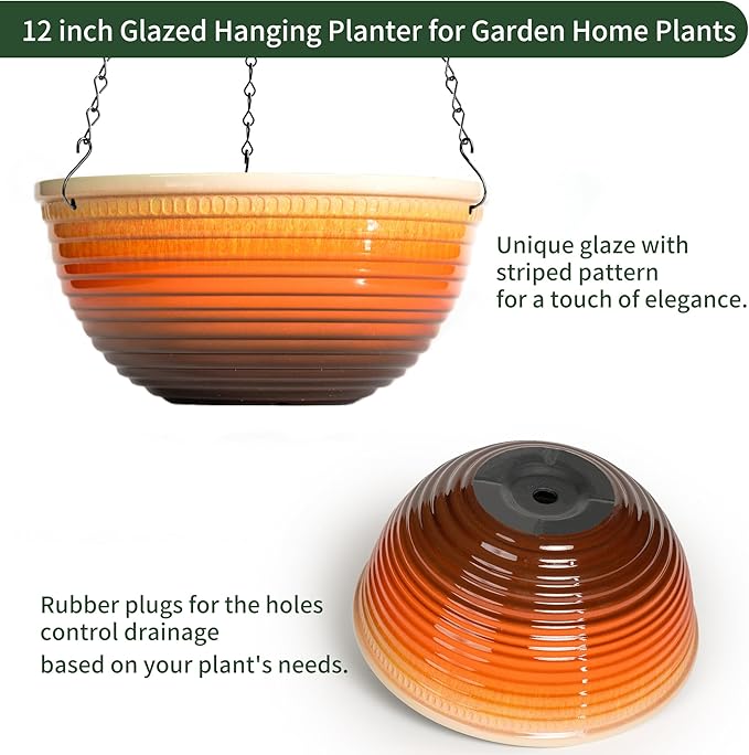 12 inch Hanging Planters for Indoor Outdoor Plants, 2 Pack Large Hanging Flower Pots with Drainage Holes and Chain, Glazed Hanging Baskets for Home Garden Decoration, Orange