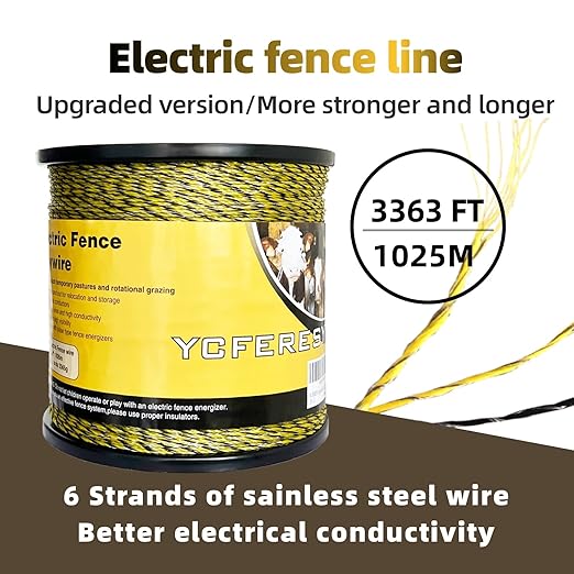 Upgraded Electric Fence Polywire 3366 Feet 1026 Meters, 6 Stainless Steel Strands for Reliable Conductivity and Rust Resistance, Portable Electric Fencing,UV, Rust Resistant