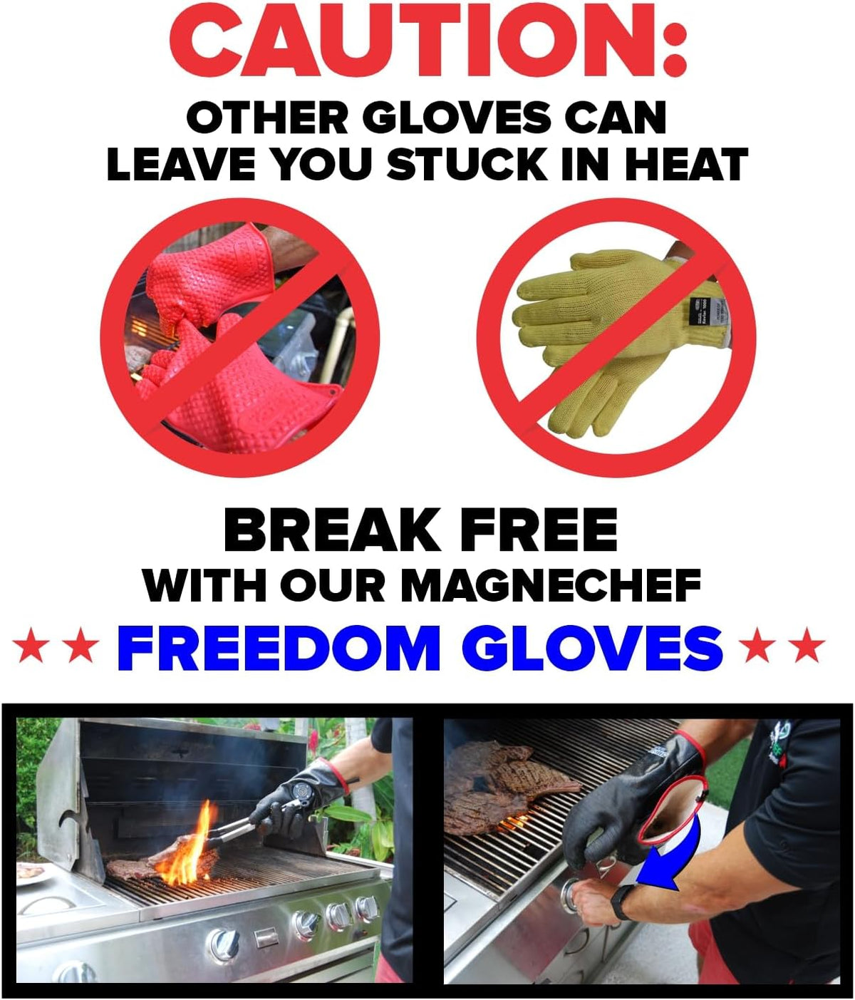 Freedom BBQ Gloves 932°F Heat Rated Magnetic EZ On Off Safety Clips Waterproof for Grills Smokers Fryers Ovens (14")