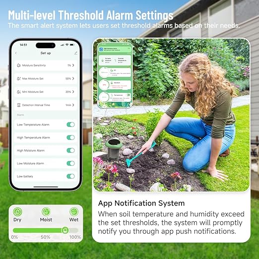 Smart 3-in-1 Soil Moisture/Temperature/Fertility Meter for Outdoor Plant, Soil Test Kit for Garden/Farming/Lawn, GreenVation Digital Soil Sensor with Tuya/Smart Life APP Push Notification