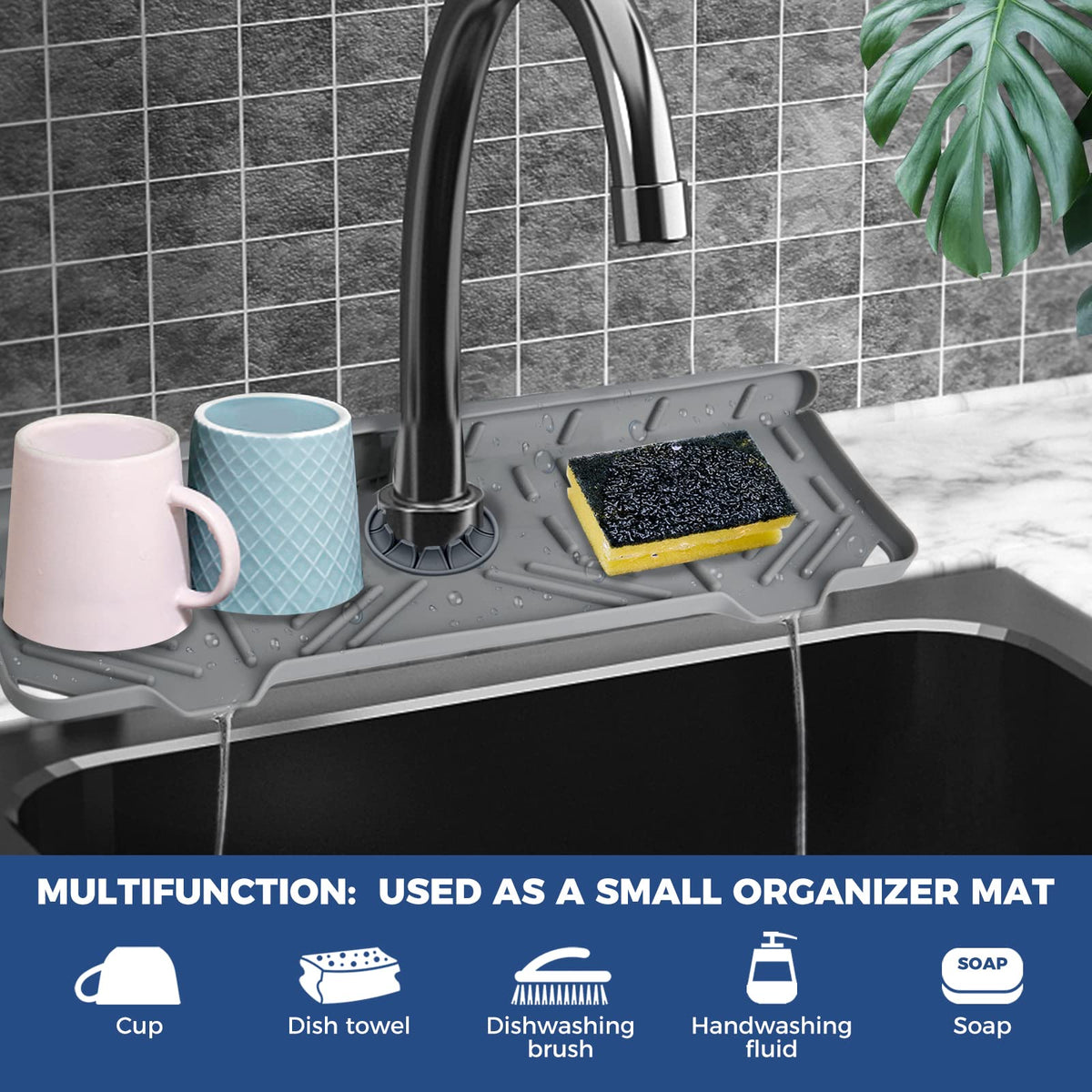 BFONS Silicone Faucet Handle Drip Catcher Drying Tray Mat Dish Soap Sponge Holder Accessories Gadgets for Kitchen Counter Bathroom Kitchen Sink Splash Guard -Grey