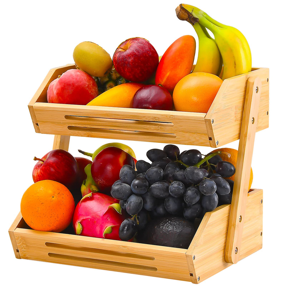 VIKEYHOME 2-Tier Bamboo Fruit Basket - 11" Tall Kitchen Countertop Stand