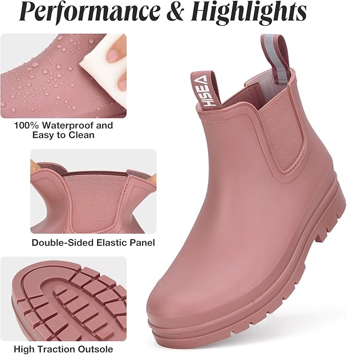 HISEA Women's Short Rain Boots Waterproof Garden Shoes Rubber Chelsea Boots Anti-Slipping Rainboots for Ladies with Comfort Insole Lightweight Stylish Ankle Rain Shoes Outdoor Work Booties
