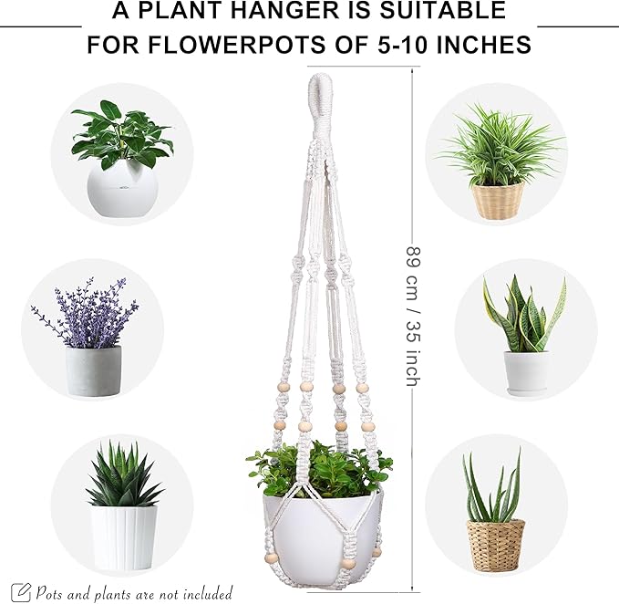 YIBOT 2 Pack Macrame Plant Hanger Indoor Hanging Planter Basket with Wood Beads Decorative Flower Pot Holder No Tassels for Indoor Outdoor Boho Home Decor-35 Inch