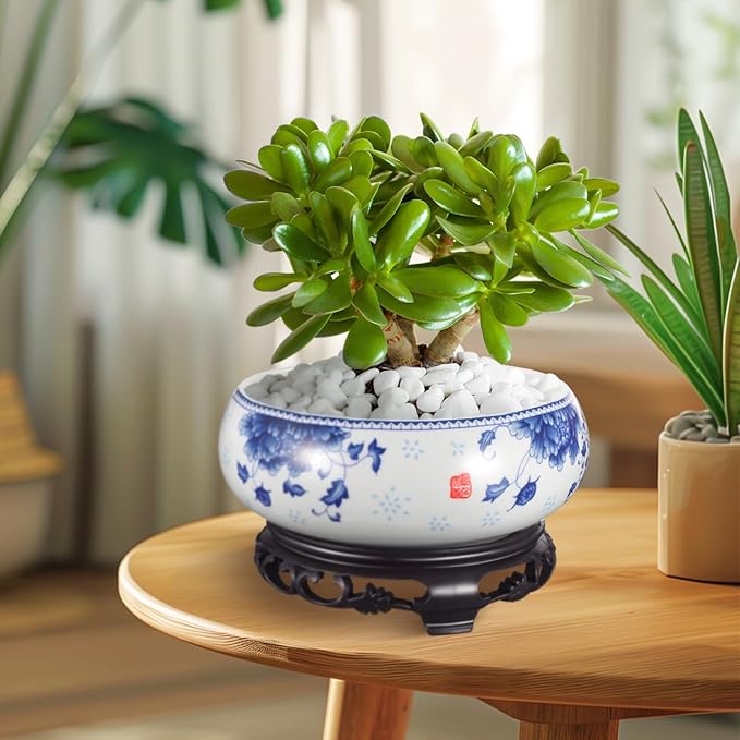 Ceramic Chinese Pot White Water Lily Bowl Ceramic Plant Pot Hydroponic for Garden Home Office-8Inch