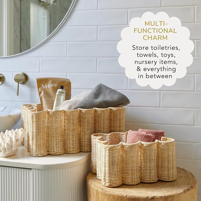 BEBE BASK Unique Wavy Scalloped Basket Set Of 2 - Scallop Basket - 16 x 10 x 7 In - Hand-Woven Elegant Wicker With Scalloped Edge Lid - Nursery Storage - (Earthy)