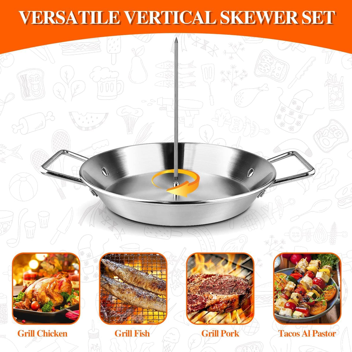 Al Pastor Skewer for Grill, 304 Stainless Steel Vertical BBQ Stand with 3 Removable Spikes (8"/10"/12") - Heavy-Duty Shawarma Rotisserie for Tacos, Gyros, Kebabs, Smoker Oven