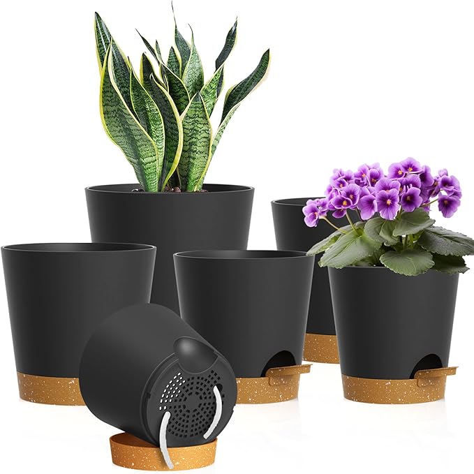 7/6.5/6/5.5/5/4 inch Self Watering Pots for Indoor Outdoor Plants, 6 Pack Plastic Flower Planters with Drainage Holes and Removable Saucers, Plant Pots with Wicking Rope, Black Brown