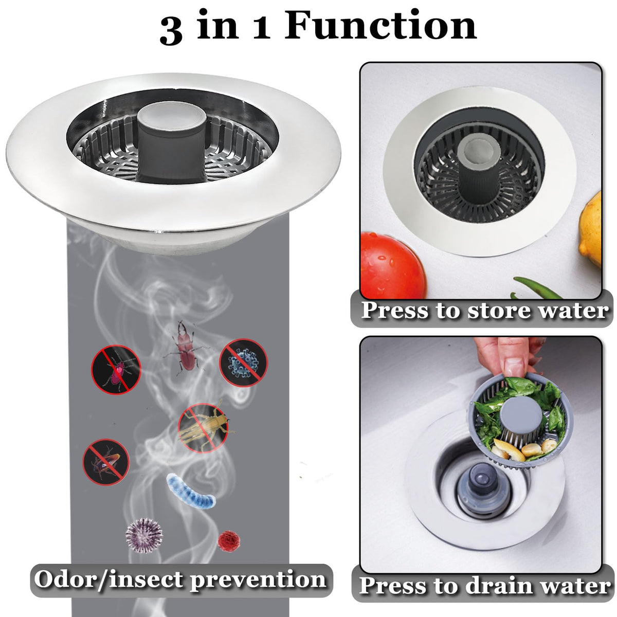 BAOLSLS 3 in 1 Kitchen Sink Stopper, Pop Up Kitchen Sink Drain Strainer