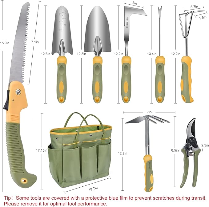 Garden Tool Set, WisaKey 9 Piece Stainless Steel Heavy Duty Gardening Hand Tools with Handle, Durable Garden Tool Bag, Gardening Gifts for Women and Men White Elephant Gifts