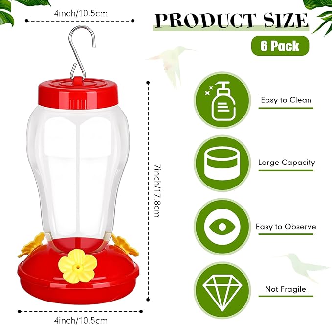 6 Pcs Hummingbird Feeder with Hanging Wires for Outdoor Hanging 16 oz Plastic Hummingbird Feeders Bird Feeder for Outside Wild Bird Feeder with 5 Feeding Ports for Home Garden Yard, Easy Filling