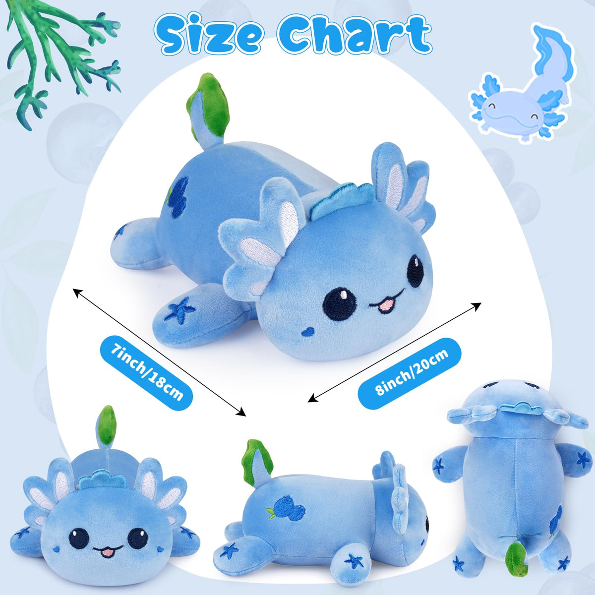 Axolotl Plush Toy, 8inch Kawaii Cute Blueberry Axolotl Stuffed Animal