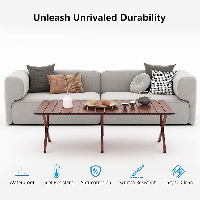 Folding Camping Table, 48Inch Lightweight Roll-Up Table Aluminum Low Portable Picnic Table with Carrying Bag for Outdoor, Beach, Picnic, Backyards, BBQ and Party Walnut Color