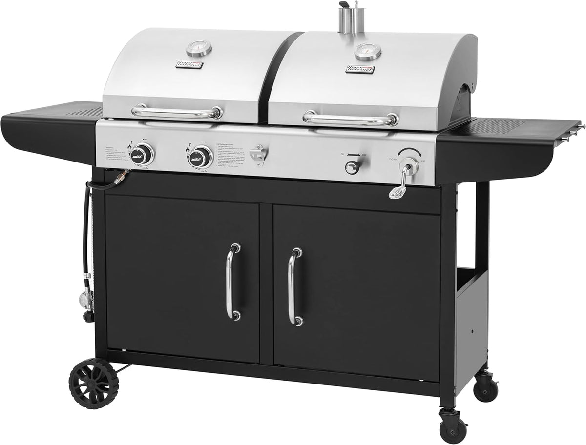 Royal Gourmet ZH3002N Propane Gas and Charcoal Grill Combo, Dual Fuel BBQ Grill with 2 Side Shelves for Outdoor Patio Garden Backyard Barbecue, 20,000 BTUs, Silver & Black