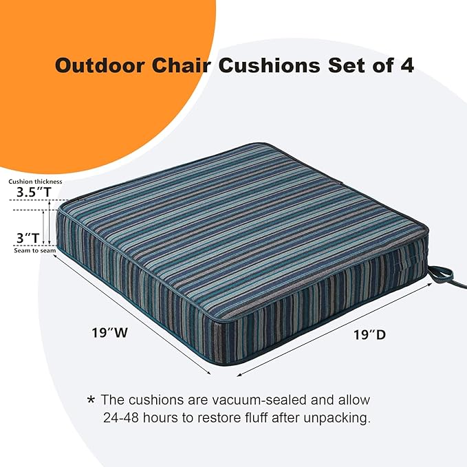 Sunbrella Square Corner Seat Cushions, 19" x 19" x 3", Set of 4, Indoor Outdoor Water Repellent Universal Chair Pads with Ties for Patio Furniture, Garden Dining Chairs, Troupe Dock
