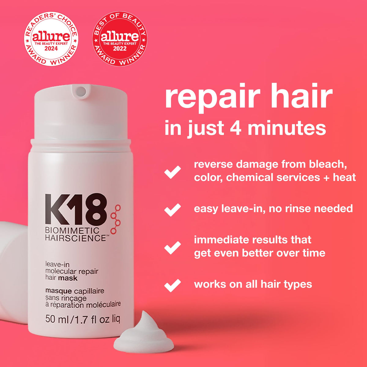 K18 Leave-In Molecular Repair Hair Mask, 0.5 Fl Oz