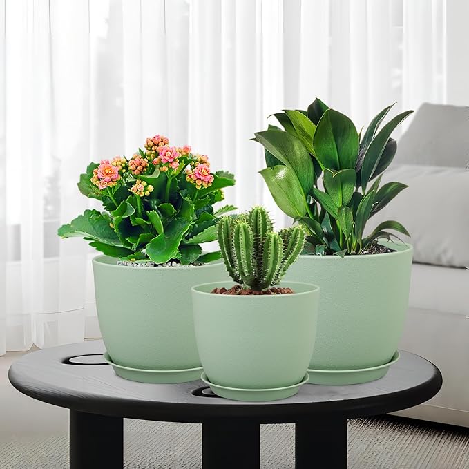 Large Plant Pots 12/10/9 inch, Set of 3 Modern Decorative Plastic Planters with Drainage Holes and Saucers, Flower Pots for Indoor Outdoor Plants, Green