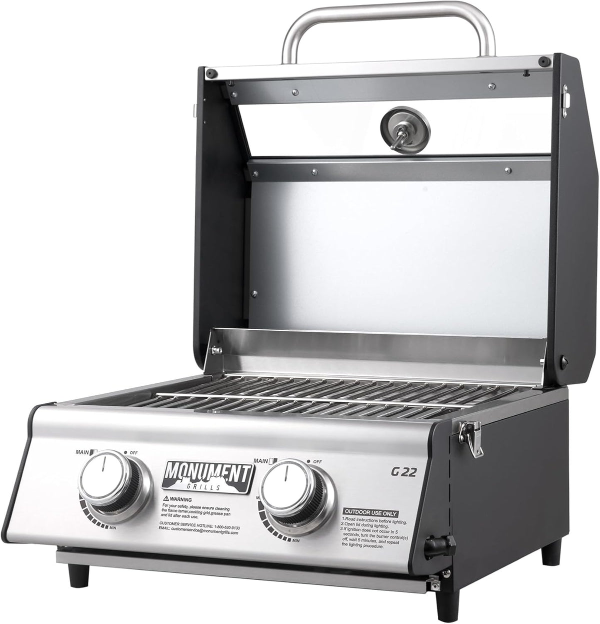 Portable Propane Gas Grill 2-Burner Tabletop Clearview® Monument Grills for Outdoor Camping Cooking, Two 15,000 BTU Burners, Stainless Steel, and Built-in Thermometer