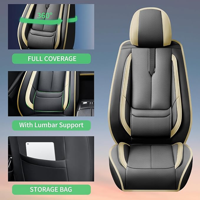 Fit Accord Car Seat Covers for Honda Accord 2003-2024 2025 2026 -Upgraded Premium Waterproof & Breathable Leather,Airbag Compatible,All-Weather Seat Cushion Protector,2 Front/Black-Beige