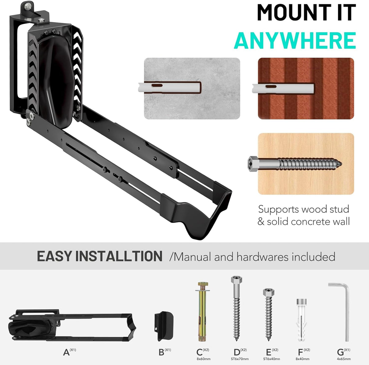 Swivel Bike Rack Wall Mount, Bike Hangers for Garage, Space-Saving Vertical Bike Holder, Holds up to 77 lbs, Bicycle Wall Hanger Storage, No Heavy Lifting Required Indoor Hanging Bike Rack-Black