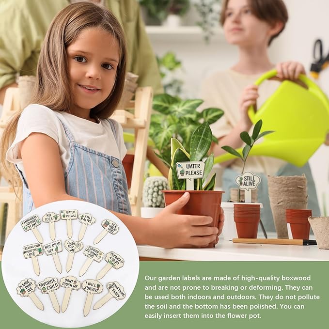 15pcs Funny Plant Signs Garden Markers Wooden Plant Labels Tab with Interesting Words Cute Patterns for Indoor and Outdoor Potted Used to Distinguish Potted Plants