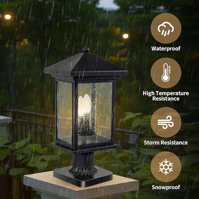 Outdoor Post Light, Waterproof Pole Lantern Lighting Fixture with Tempered Clear Seeded Glass, Matte Black Finish for Outdoors (Large Post Light)