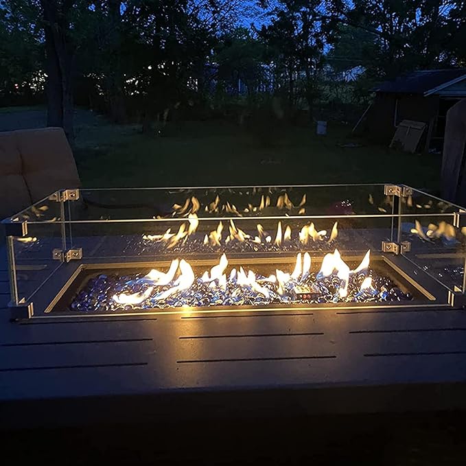 Propane Fire Pit Table,44 Inch 55000 BTU Outdoor Gas Fire Pit Rectangular with Glass Wind Guard for Outside Patio Deck (Gray-Aluminum Top)