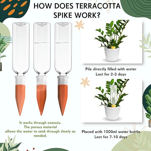 12 Pack Plant Watering Devices, Terracotta Self Watering Spikes with 25 oz Plastic Wine Bottles, Slow Release Plant Waterer Self Watering Planter for Vacation Indoor Outdoor Plant