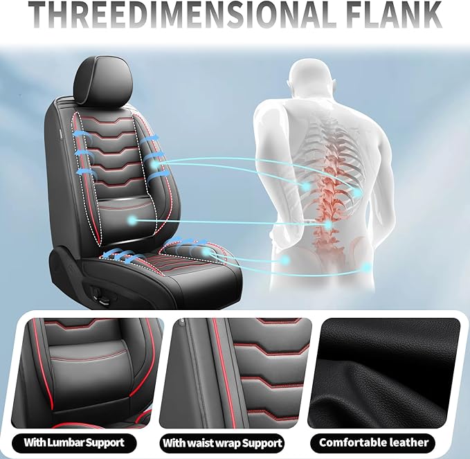 Fit Frontier Car Seat Covers Premium Leather for Nissan Frontier 2009-2025 2026. Waterproof， Breathable, Scratch-Resistant & All-Weather Seat Cushion Protector（Full Set,Red Line Black