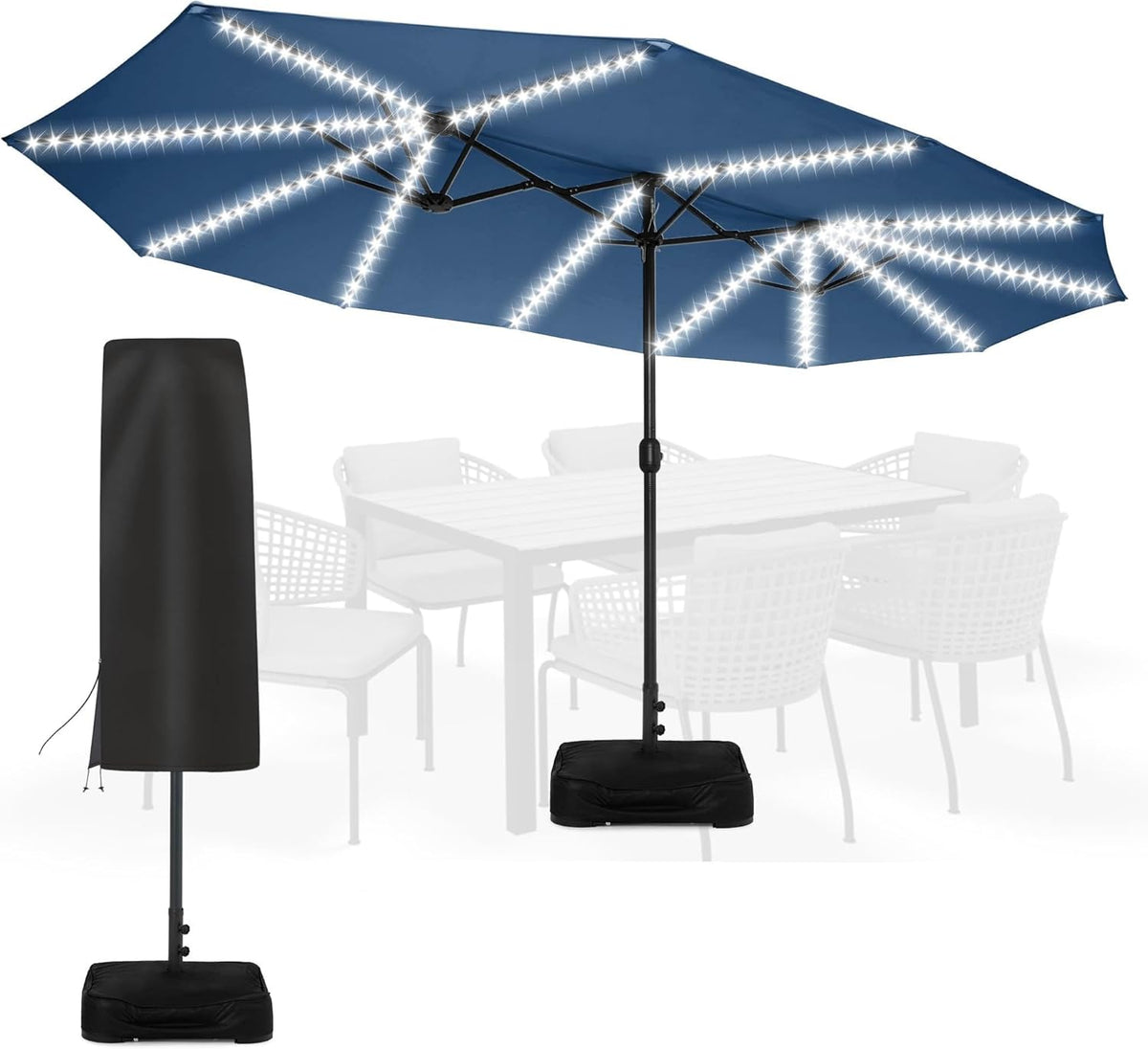 Sundale Outdoor Solar 144 LED 15 ft Patio Umbrella with Sandbag Base Included and Cover, Outdoor Double-Sided Umbrella, Navy