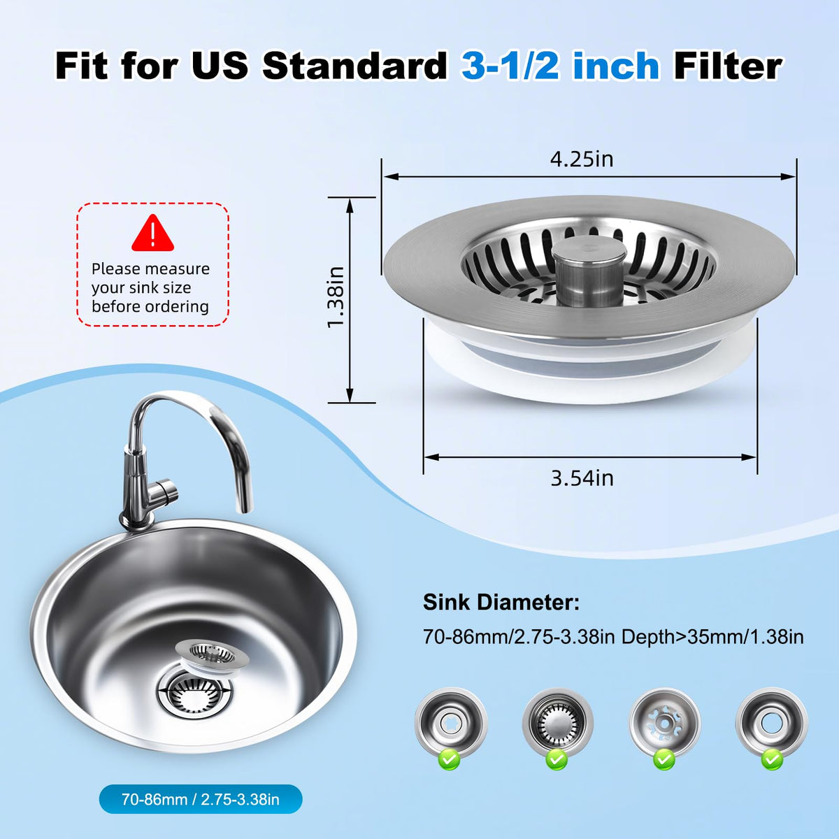 Universal Kitchen Sink Drain Stopper 3 in 1 Stainless Steel Sink Strainer