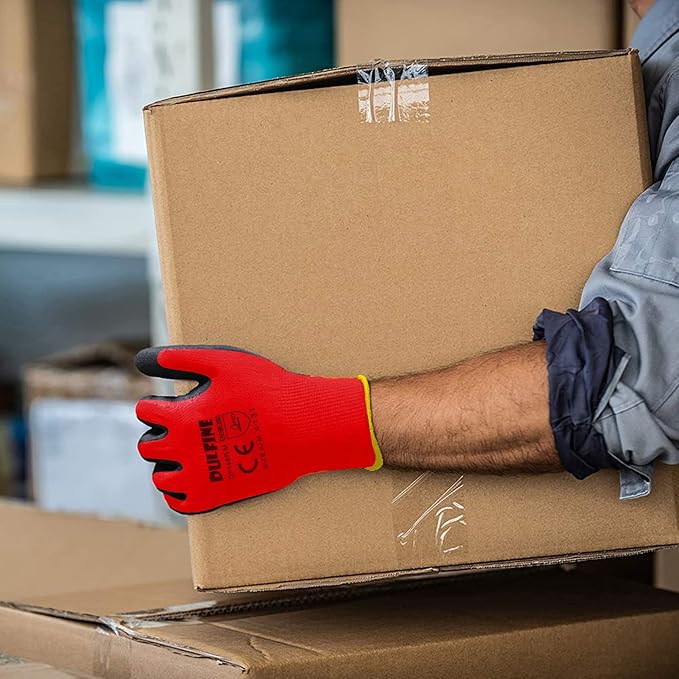 DULFINE Safety Work Gloves PU Coated-12 Pairs,Red Seamless Knit Glove with Polyurethane Coated Smooth Grip on Palm & Fingers, for Men and Women, Ideal for General Duty Work (Extra Large)