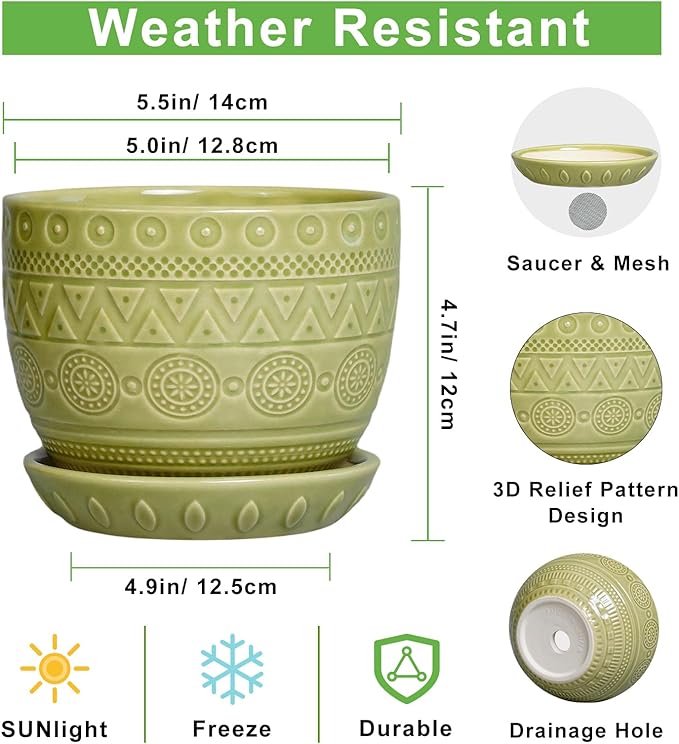 G EPGardening Indoor Plant Pot 5.5 Inch - Ceramic Planter with Drainage Hole and Saucer, Round Boho Plant Pot for Indoor Plants, Plant Lover Gifts, Home Garden Office Decor, Green