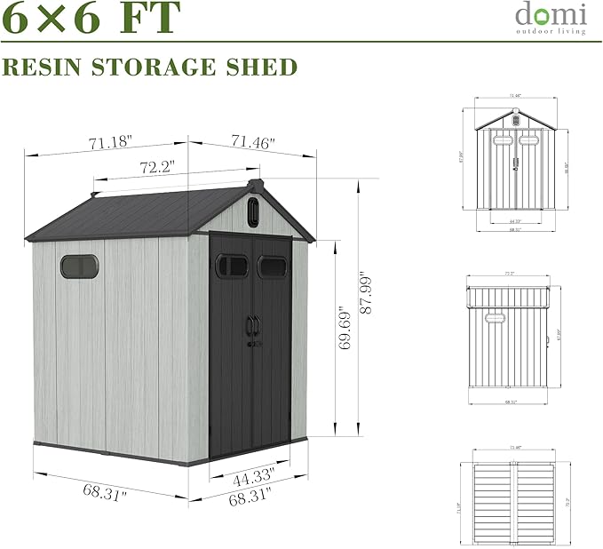Domi 6x6FT Outdoor Resin Storage Shed with Transparent Windows & Louvered Vents, Plastic Tool Shed with Double Lockable Doors & Gable Roof, Outside Garden Shed for Backyard, Patio, Lawn, Grey