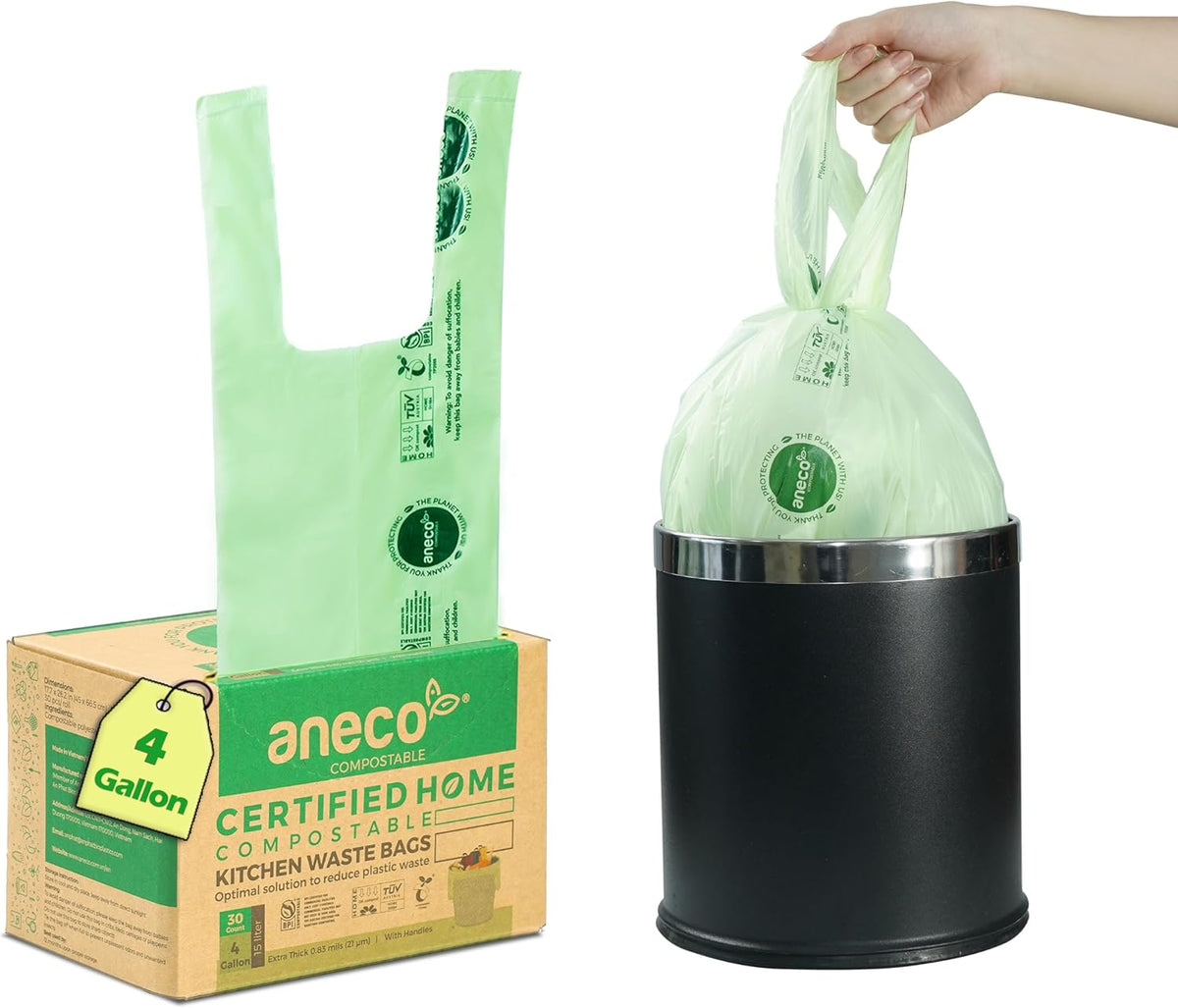 ANECO 4 Gallon Compostable Food Waste Bags with Handles, Extra Thick Compost Bags for Medium Kitchen Garbage/Bathroom Bin, OK Compost HOME & BPI Certified Compostable Bags